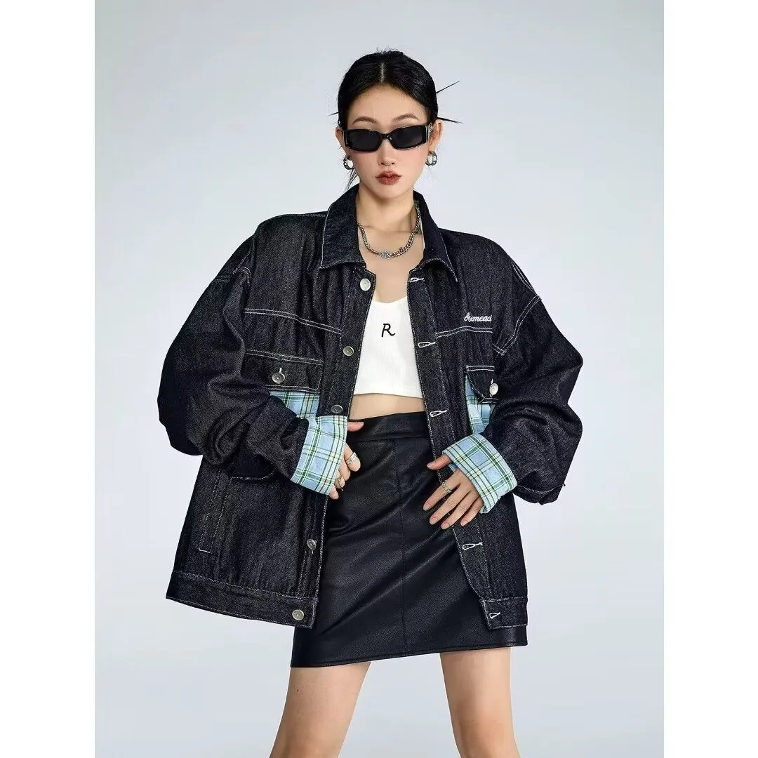 Flytonnshop 90s streetwear American Plaid Pocket Stitching Denim Coat Women's Spring and Autumn Tangram Contrast Color Couple Lapel Jacket Fashion
