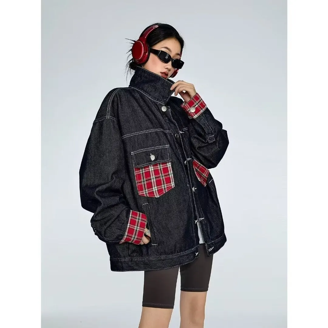 Flytonnshop 90s streetwear American Plaid Pocket Stitching Denim Coat Women's Spring and Autumn Tangram Contrast Color Couple Lapel Jacket Fashion