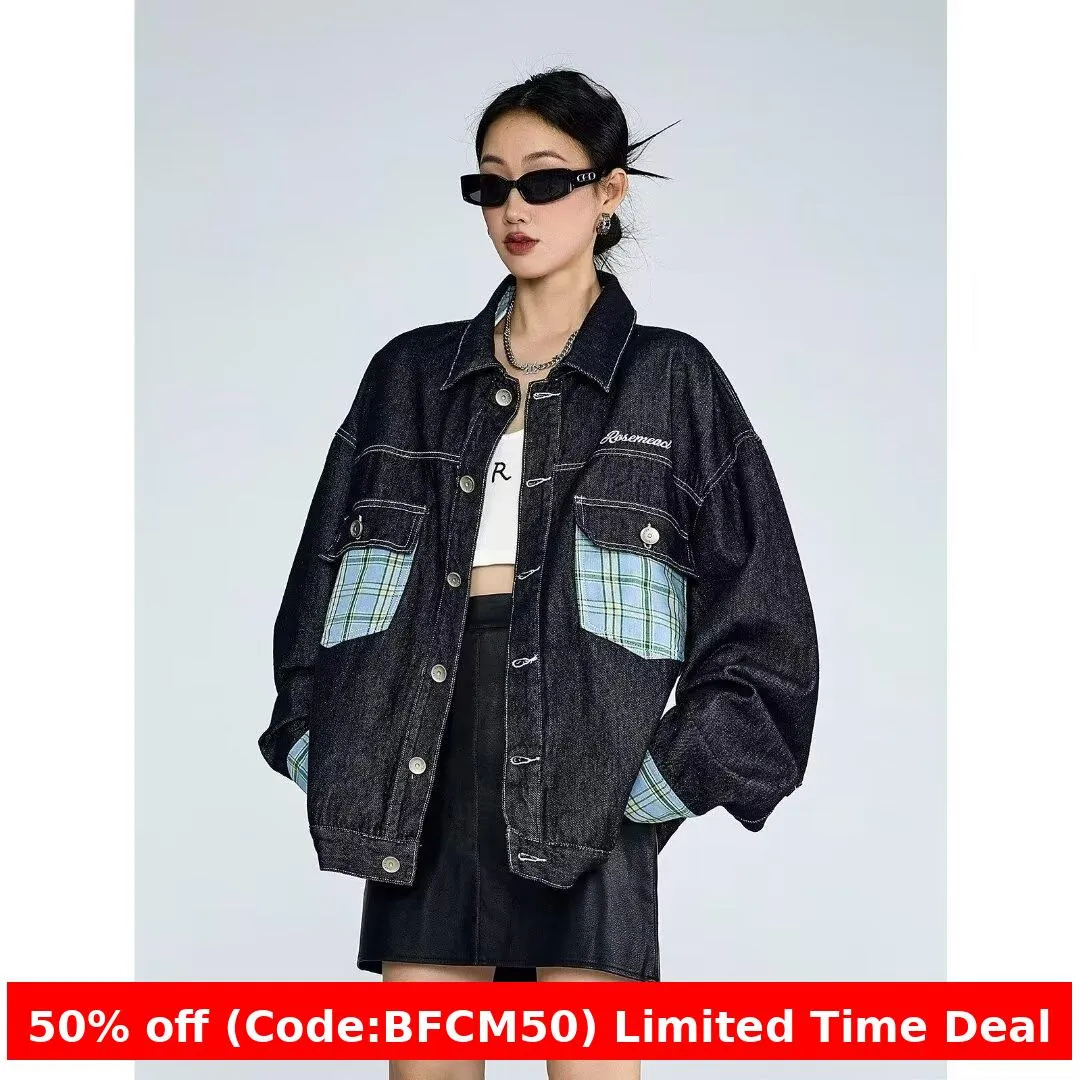 Flytonnshop 90s streetwear American Plaid Pocket Stitching Denim Coat Women's Spring and Autumn Tangram Contrast Color Couple Lapel Jacket Fashion