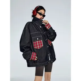 Flytonnshop 90s streetwear American Plaid Pocket Stitching Denim Coat Women's Spring and Autumn Tangram Contrast Color Couple Lapel Jacket Fashion