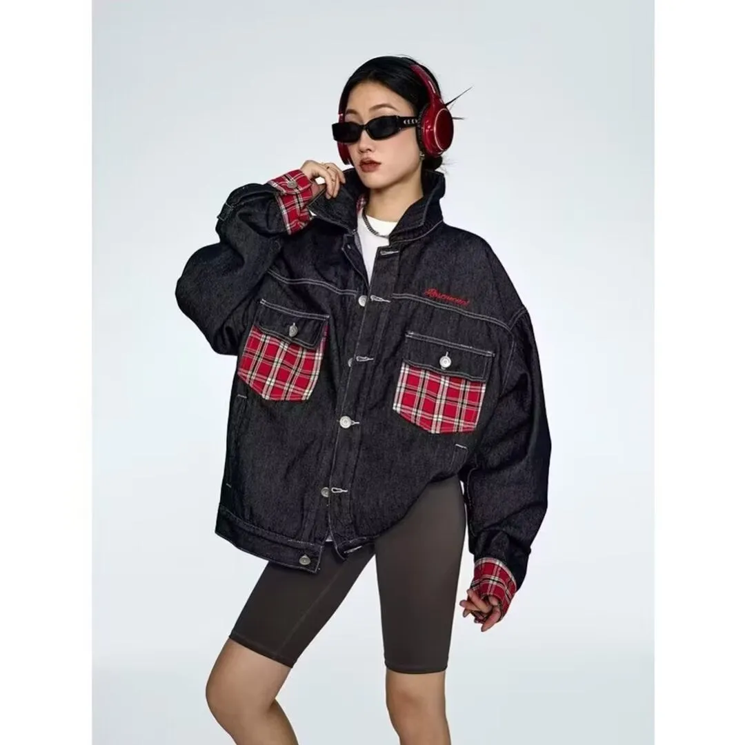 Flytonnshop 90s streetwear American Plaid Pocket Stitching Denim Coat Women's Spring and Autumn Tangram Contrast Color Couple Lapel Jacket Fashion