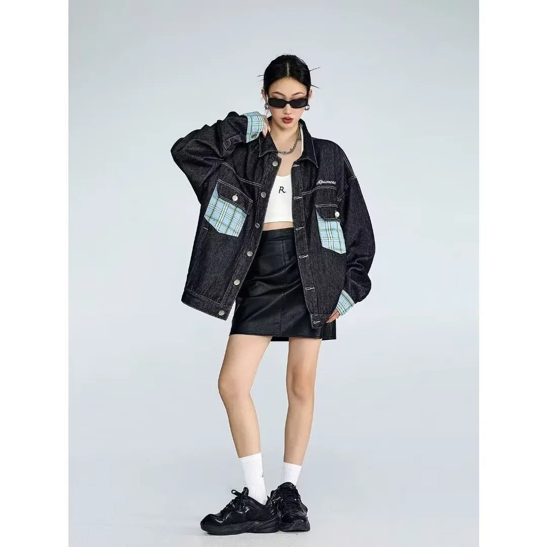 Flytonnshop 90s streetwear American Plaid Pocket Stitching Denim Coat Women's Spring and Autumn Tangram Contrast Color Couple Lapel Jacket Fashion