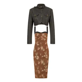 Flytonnshop 90s streetwear Two-Piece Suit Vintage Motorcycle PU Leather Jacket Short Coat Small Floral Dress Fashion Trendy Autumn and Winter