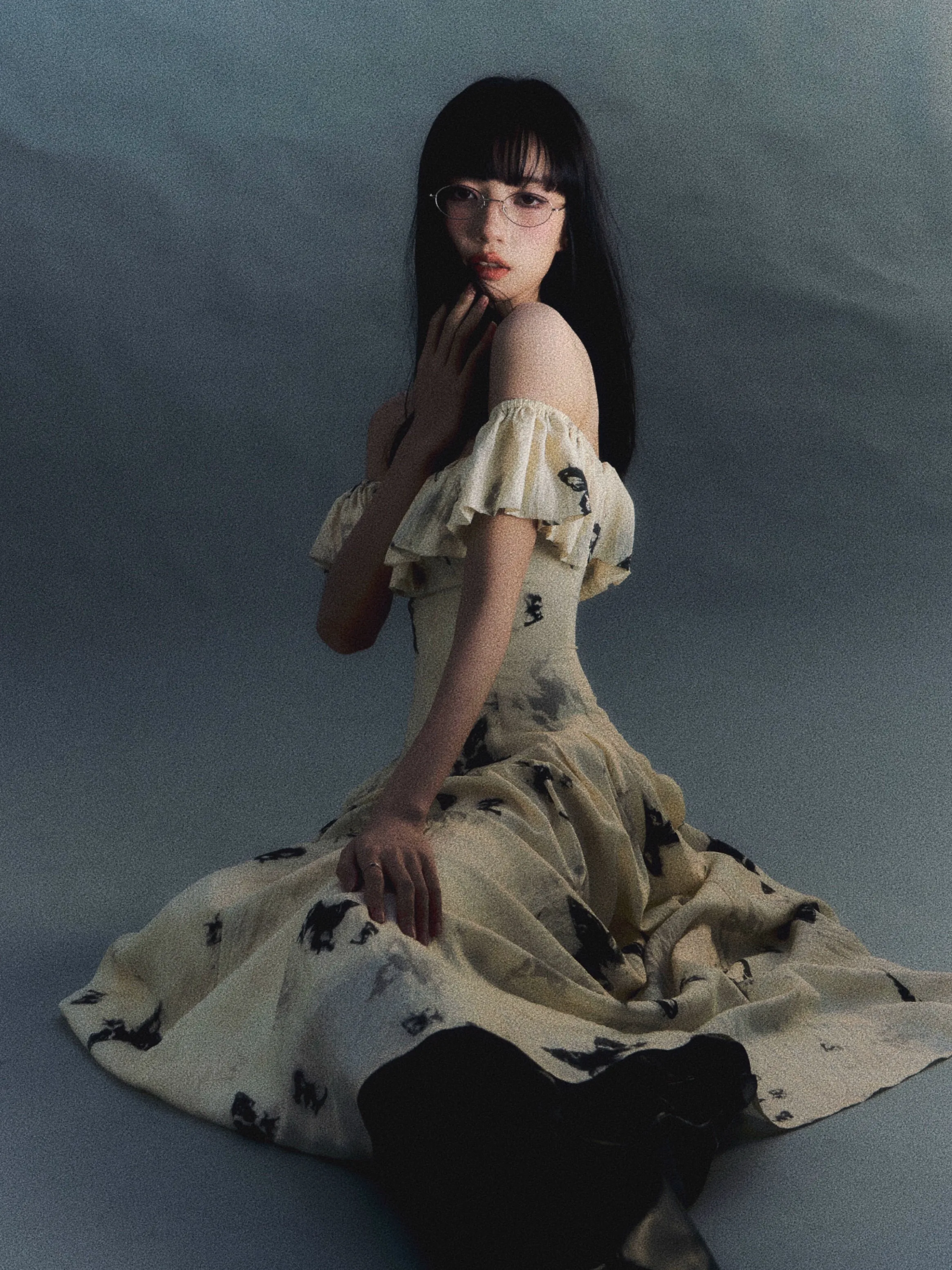 French Ink Butterfly Print Off-Shoulder Dress