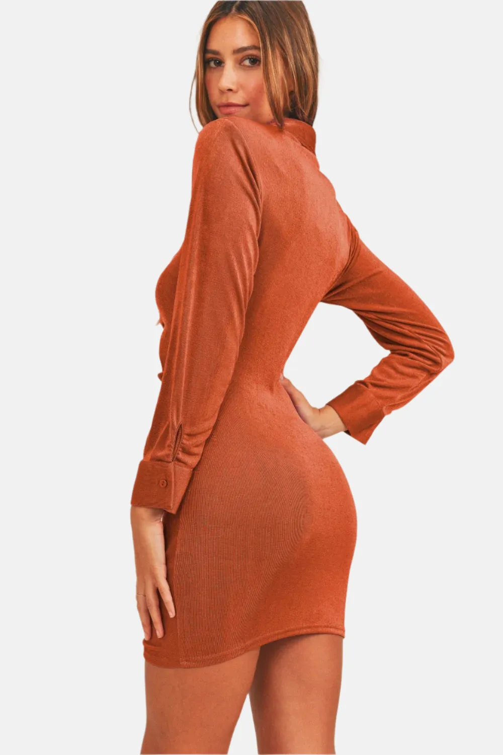 Front Ruched Button-Down Skinny Mini Shirt Dress Brown Red