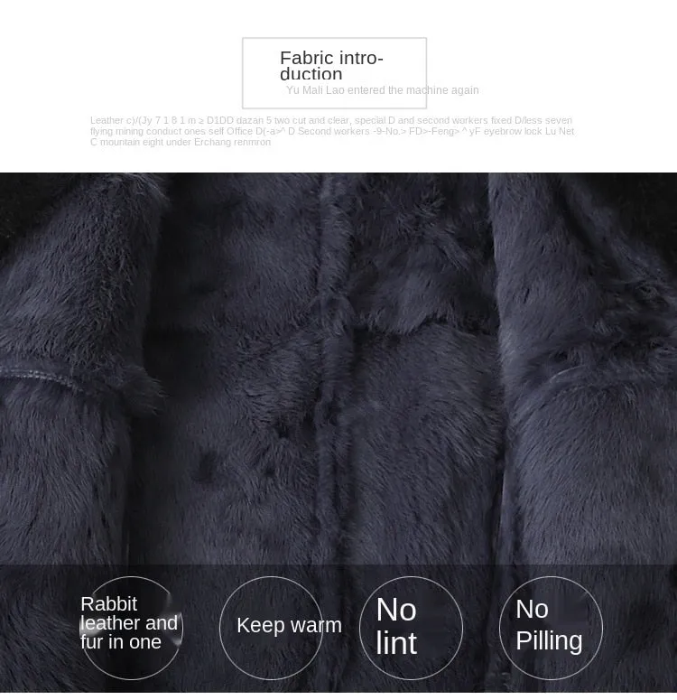 Genuine Leather  Mid-Length Fox Fur Collar Rabbit Fur Lining Coat