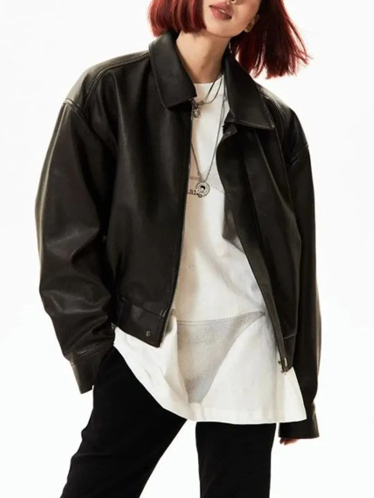 Girlary Casual Black Leather Jacket Women Lady High Street Moto Biker Zipper Jacket Female Winter Streetwear Fashion Trend Leather Coat