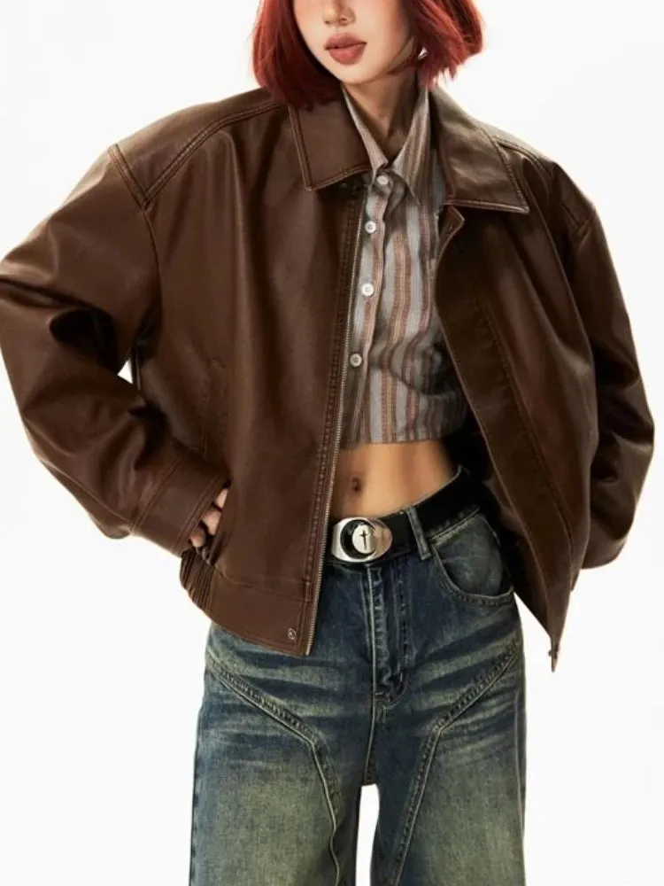 Girlary Casual Black Leather Jacket Women Lady High Street Moto Biker Zipper Jacket Female Winter Streetwear Fashion Trend Leather Coat