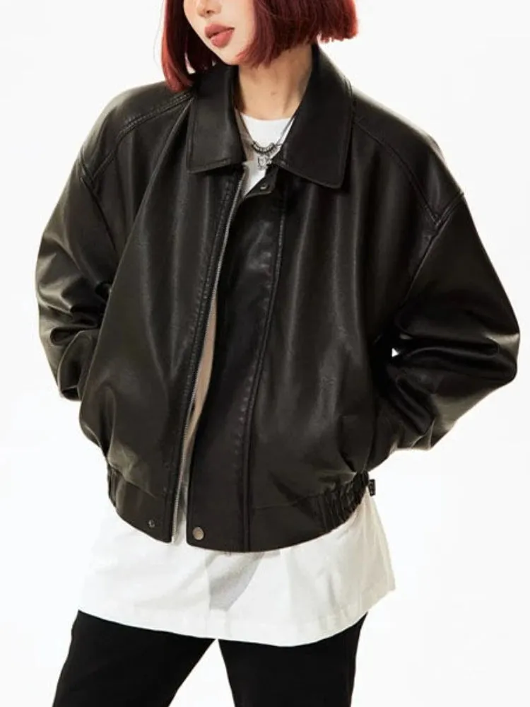 Girlary Casual Black Leather Jacket Women Lady High Street Moto Biker Zipper Jacket Female Winter Streetwear Fashion Trend Leather Coat