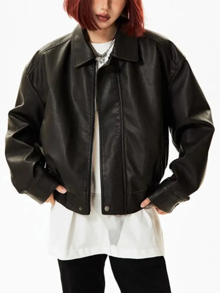Girlary Casual Black Leather Jacket Women Lady High Street Moto Biker Zipper Jacket Female Winter Streetwear Fashion Trend Leather Coat