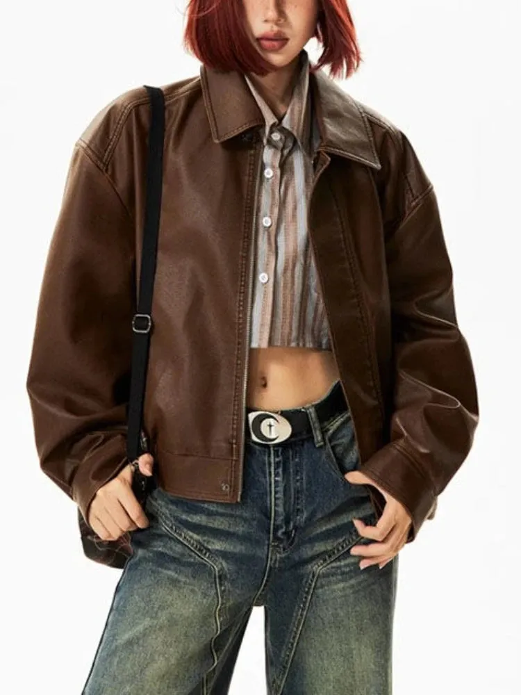 Girlary Casual Black Leather Jacket Women Lady High Street Moto Biker Zipper Jacket Female Winter Streetwear Fashion Trend Leather Coat