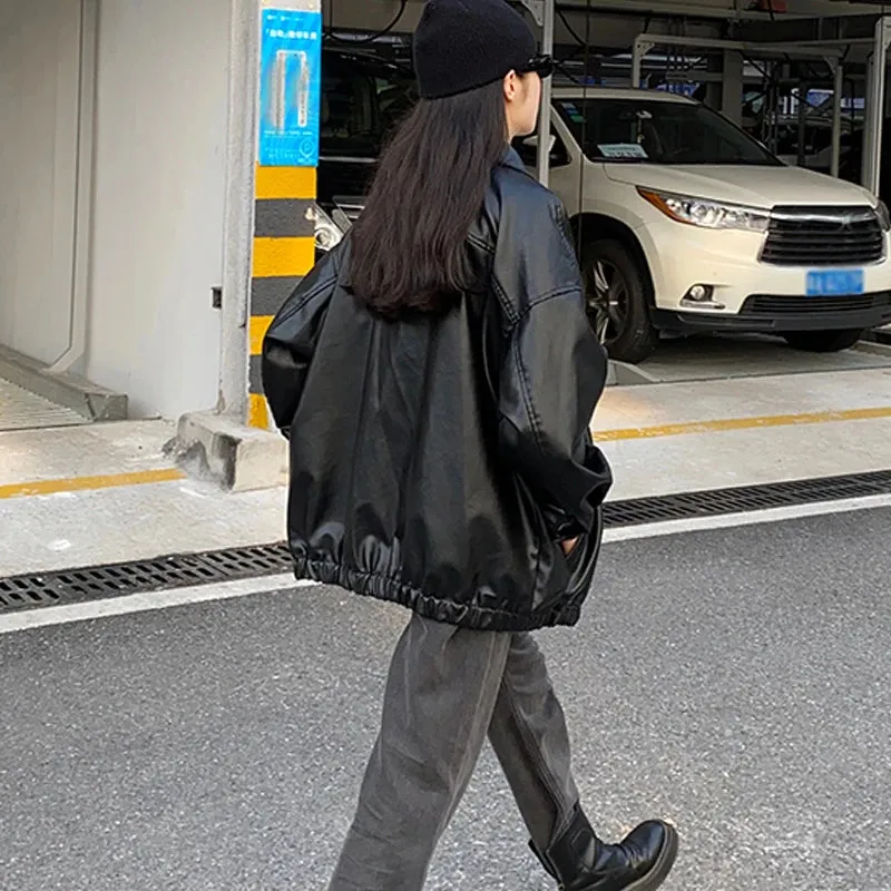 Girlary Korean Black Leather Jacket Women Winter Long Women's Moto Biker Zipper Jacket Streetwear Harajuku Y2K Loose Women's Coat