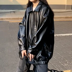 Girlary Korean Black Leather Jacket Women Winter Long Women's Moto Biker Zipper Jacket Streetwear Harajuku Y2K Loose Women's Coat