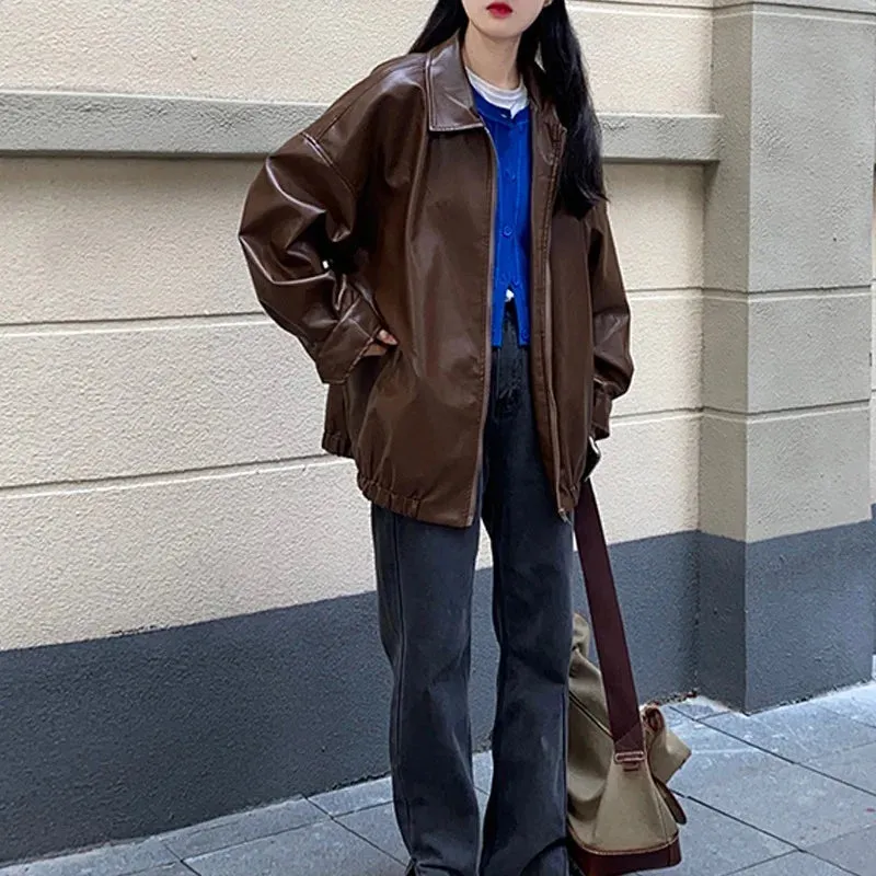 Girlary Korean Black Leather Jacket Women Winter Long Women's Moto Biker Zipper Jacket Streetwear Harajuku Y2K Loose Women's Coat