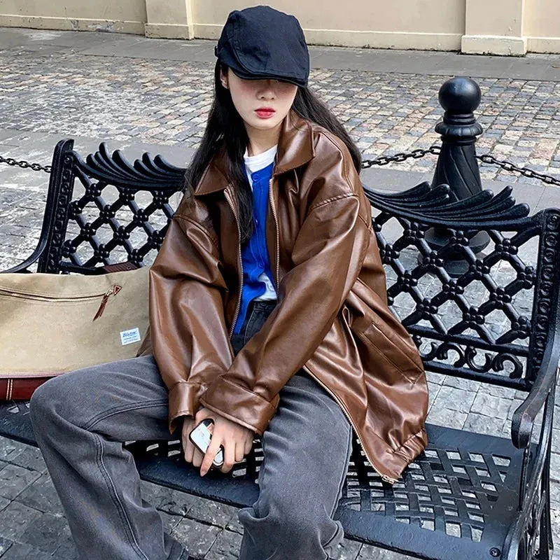 Girlary Korean Black Leather Jacket Women Winter Long Women's Moto Biker Zipper Jacket Streetwear Harajuku Y2K Loose Women's Coat