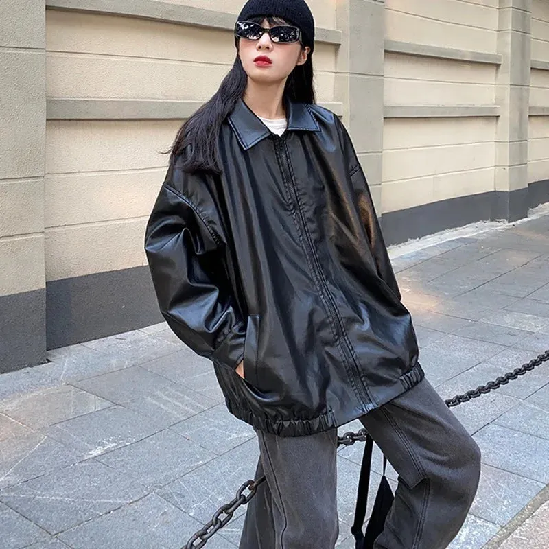 Girlary Korean Black Leather Jacket Women Winter Long Women's Moto Biker Zipper Jacket Streetwear Harajuku Y2K Loose Women's Coat