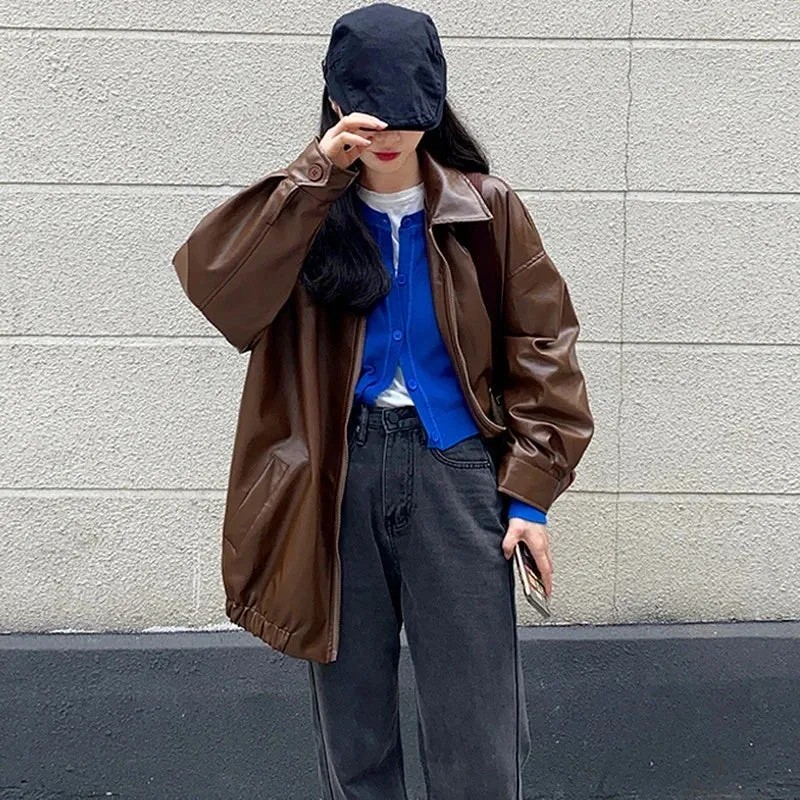Girlary Korean Black Leather Jacket Women Winter Long Women's Moto Biker Zipper Jacket Streetwear Harajuku Y2K Loose Women's Coat