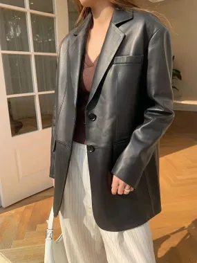 Girlary Korean Black Leather Moto Jacket High Street Chic Loose Leather Suit Blazers Streetwear Ladies Fashion Trend Thin Biker Coat New