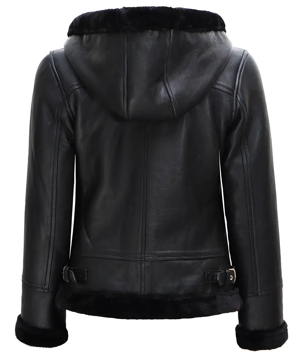 Grace Black Real Leather Hooded Shearling Jacket Women