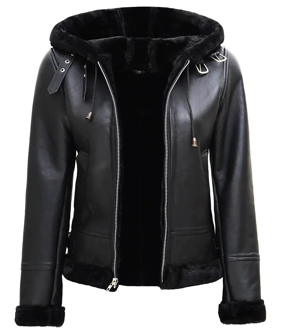 Grace Black Real Leather Hooded Shearling Jacket Women