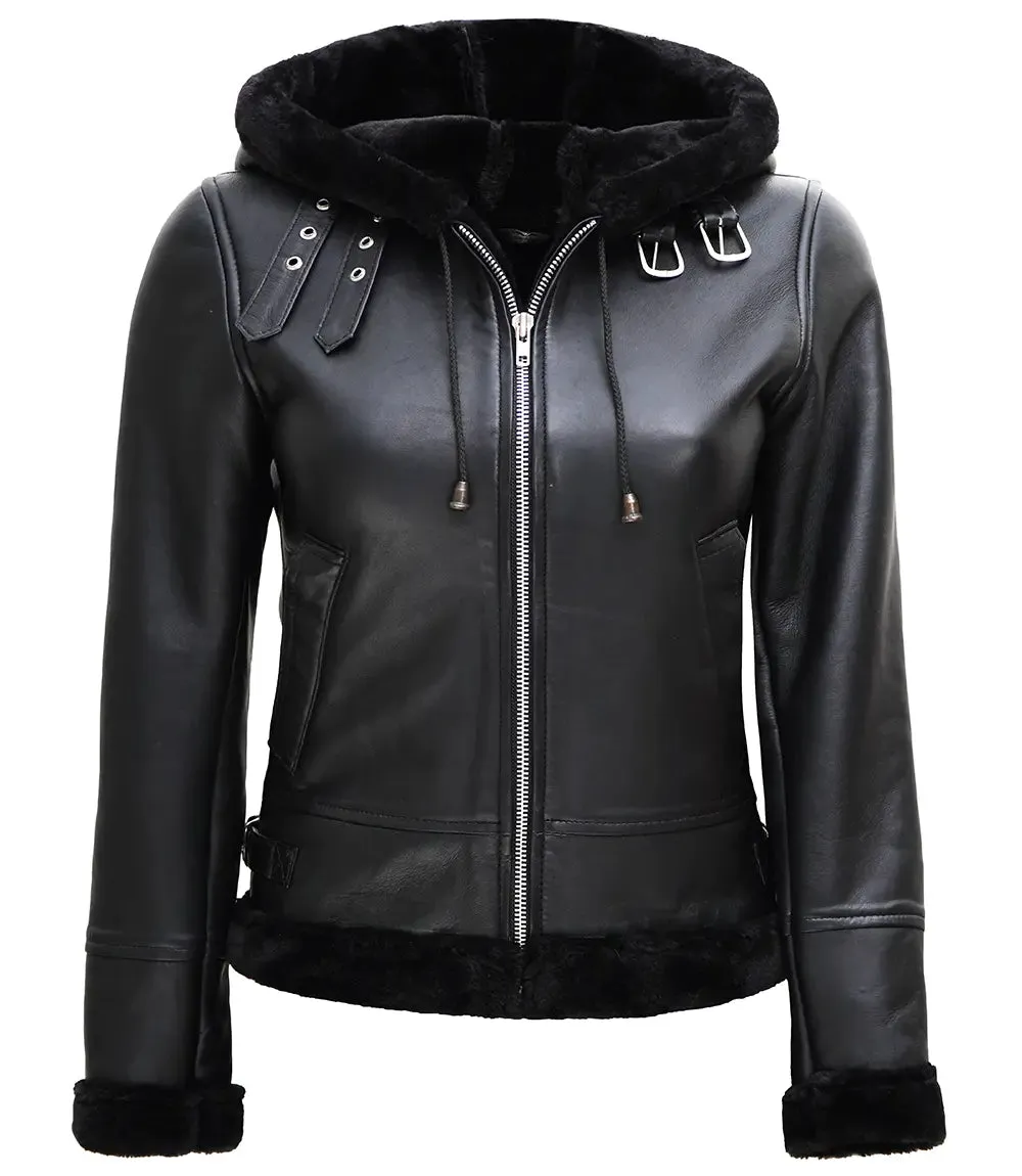 Grace Black Real Leather Hooded Shearling Jacket Women