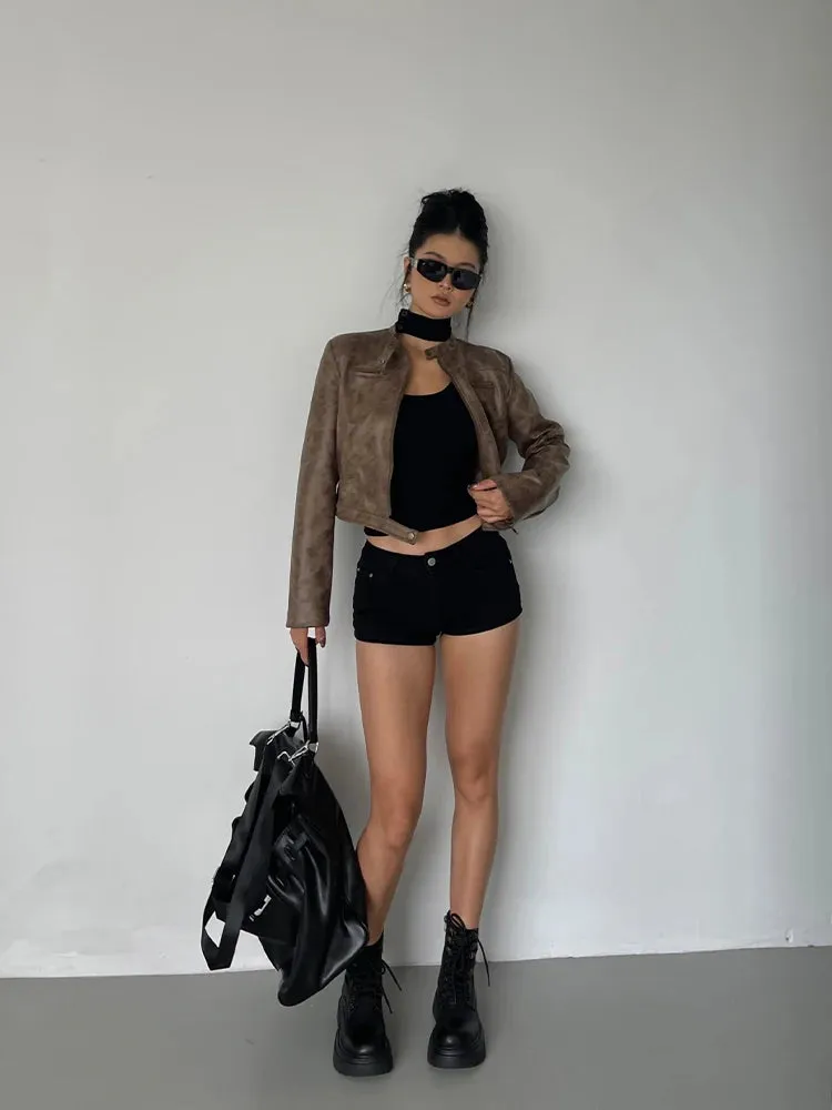 Hnewly Stand Collar Jacket Leather Short Coat Women Autumn New Straight Tube Slim Short Motorcycle Jacket Korean Sweet