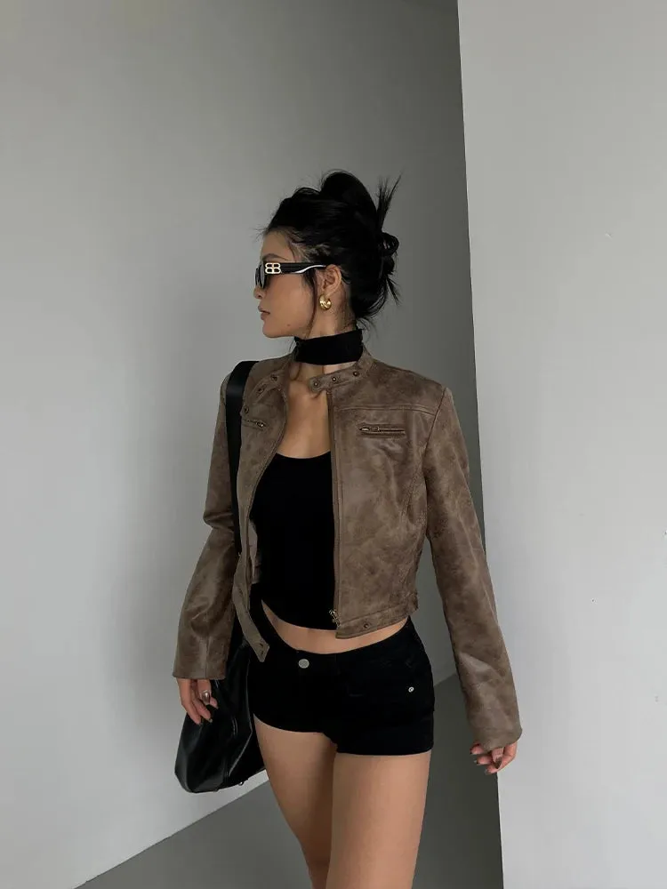 Hnewly Stand Collar Jacket Leather Short Coat Women Autumn New Straight Tube Slim Short Motorcycle Jacket Korean Sweet