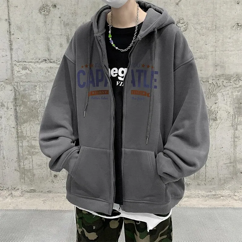 Ilooove - Hooded Hoodies Letter Printed Men Thicken Streetwear Coat Hip Hop Hoody Cardigan Jackets Male Drawstring Hoodie