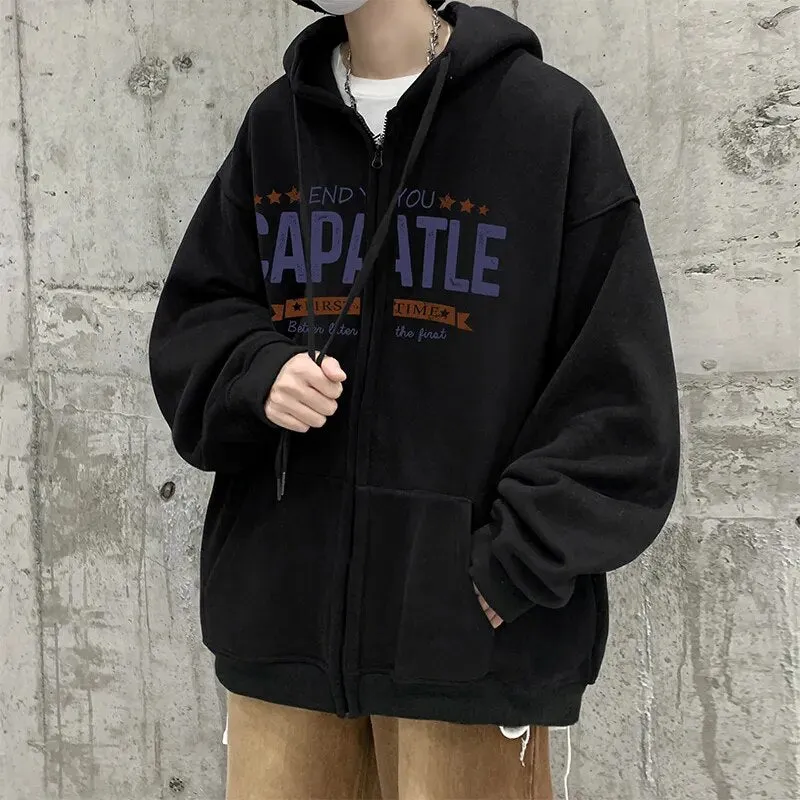 Ilooove - Hooded Hoodies Letter Printed Men Thicken Streetwear Coat Hip Hop Hoody Cardigan Jackets Male Drawstring Hoodie
