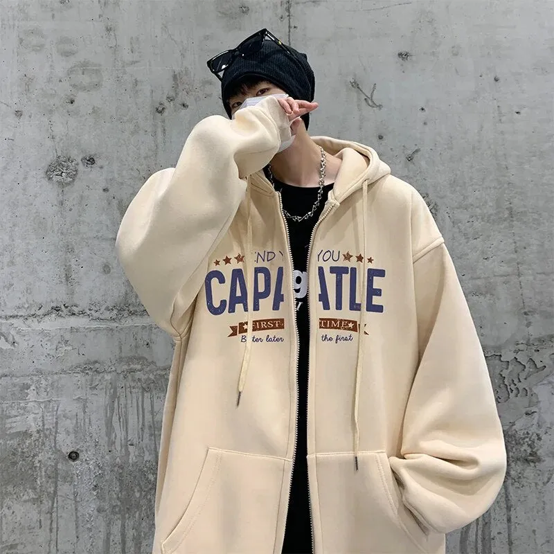 Ilooove - Hooded Hoodies Letter Printed Men Thicken Streetwear Coat Hip Hop Hoody Cardigan Jackets Male Drawstring Hoodie