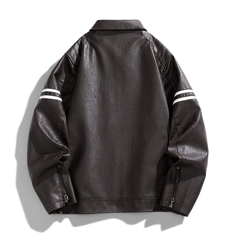 Jinquedai 90s streetwear Spring and Autumn New Men's Color Matching PU Leather Jacket Coat Motorcycle Clothing Leather Coat Men's American-Style Pu Handsome Hip Hop Lapel
