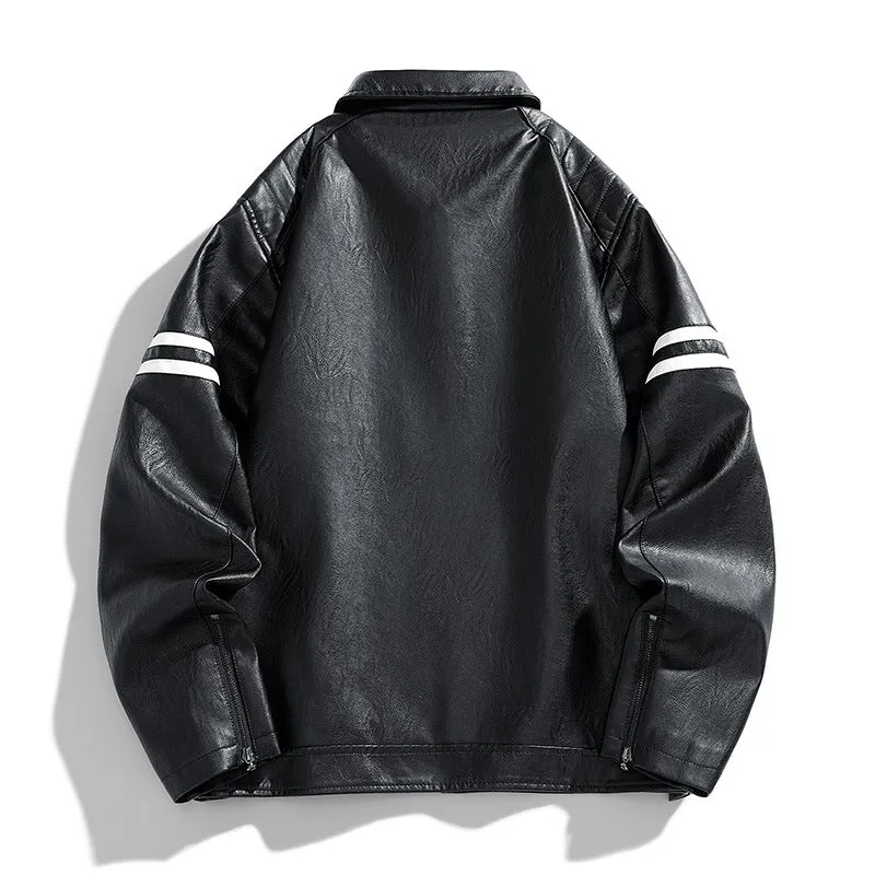 Jinquedai 90s streetwear Spring and Autumn New Men's Color Matching PU Leather Jacket Coat Motorcycle Clothing Leather Coat Men's American-Style Pu Handsome Hip Hop Lapel