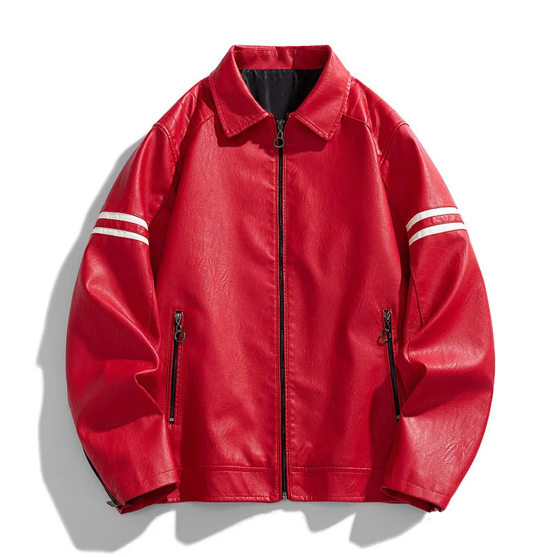 Jinquedai 90s streetwear Spring and Autumn New Men's Color Matching PU Leather Jacket Coat Motorcycle Clothing Leather Coat Men's American-Style Pu Handsome Hip Hop Lapel