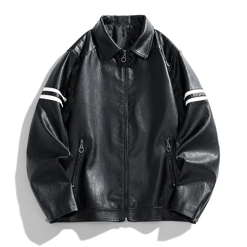 Jinquedai 90s streetwear Spring and Autumn New Men's Color Matching PU Leather Jacket Coat Motorcycle Clothing Leather Coat Men's American-Style Pu Handsome Hip Hop Lapel