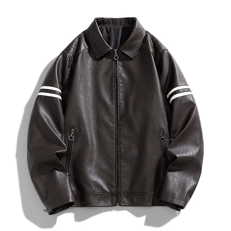 Jinquedai 90s streetwear Spring and Autumn New Men's Color Matching PU Leather Jacket Coat Motorcycle Clothing Leather Coat Men's American-Style Pu Handsome Hip Hop Lapel