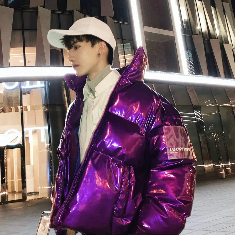 Jinquedai  NEW Winter collar loose bright leather fabric jacket wind thick warm coat men women couple purple cotton clothing