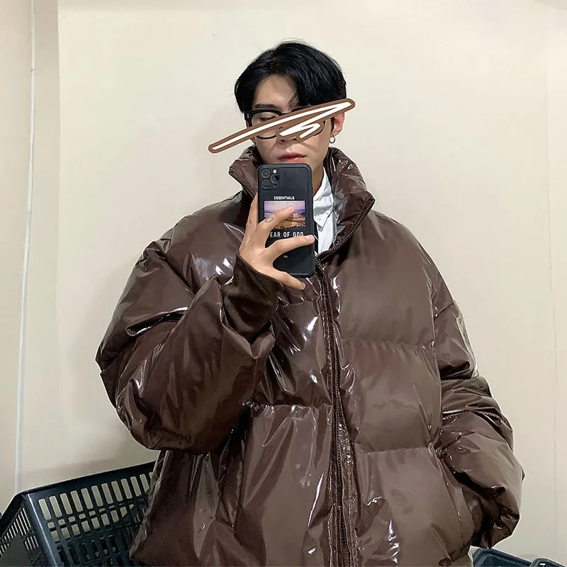 Jinquedai  NEW Winter collar loose bright leather fabric jacket wind thick warm coat men women couple purple cotton clothing