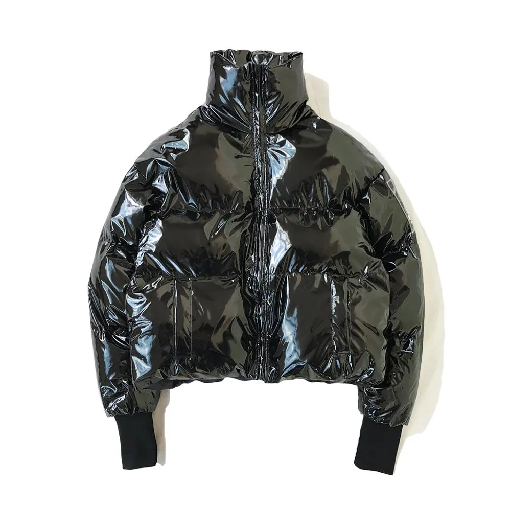 Jinquedai  NEW Winter collar loose bright leather fabric jacket wind thick warm coat men women couple purple cotton clothing