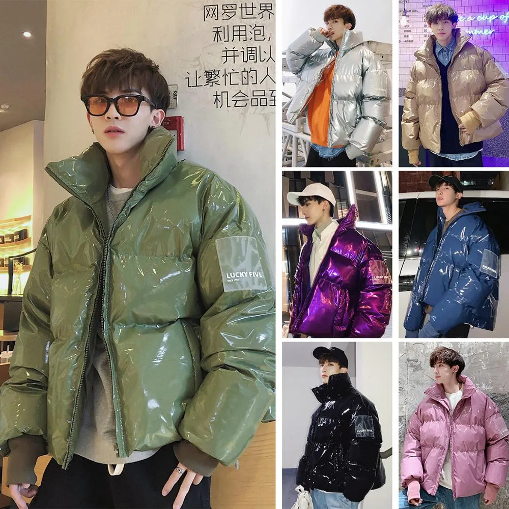 Jinquedai  NEW Winter collar loose bright leather fabric jacket wind thick warm coat men women couple purple cotton clothing