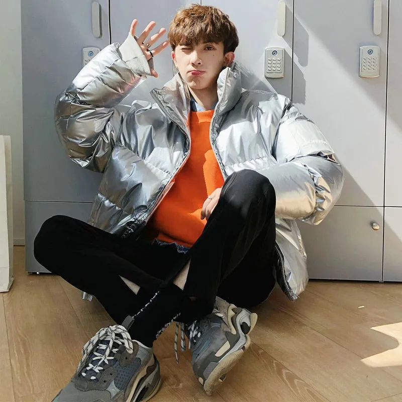 Jinquedai  NEW Winter collar loose bright leather fabric jacket wind thick warm coat men women couple purple cotton clothing