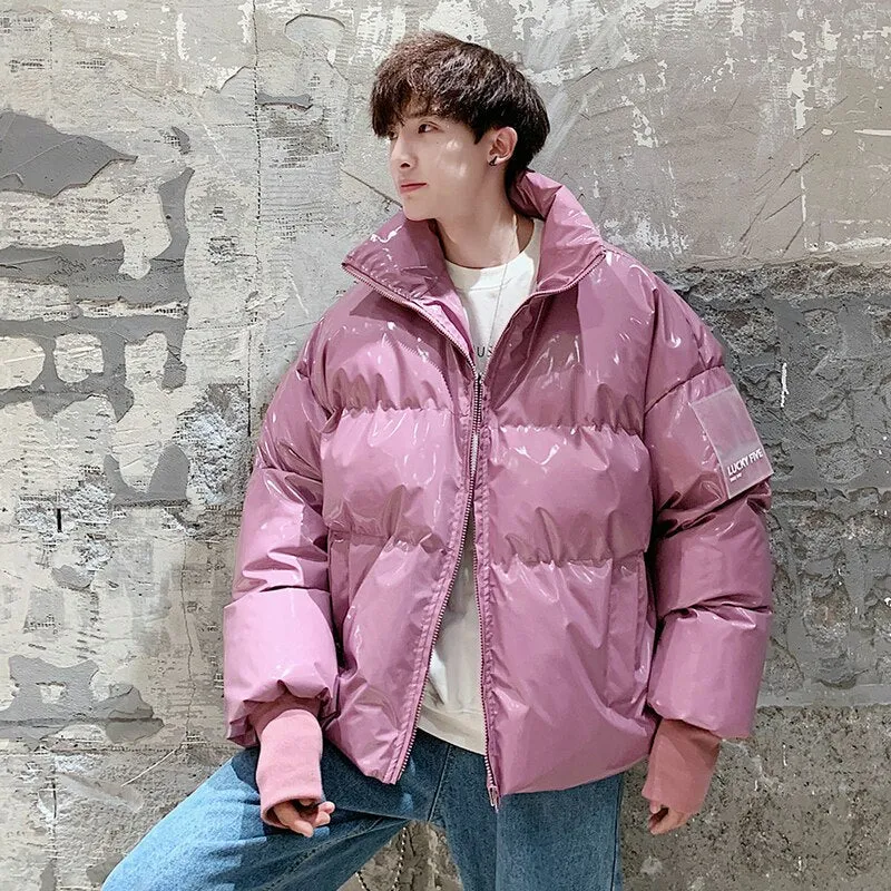 Jinquedai  NEW Winter collar loose bright leather fabric jacket wind thick warm coat men women couple purple cotton clothing