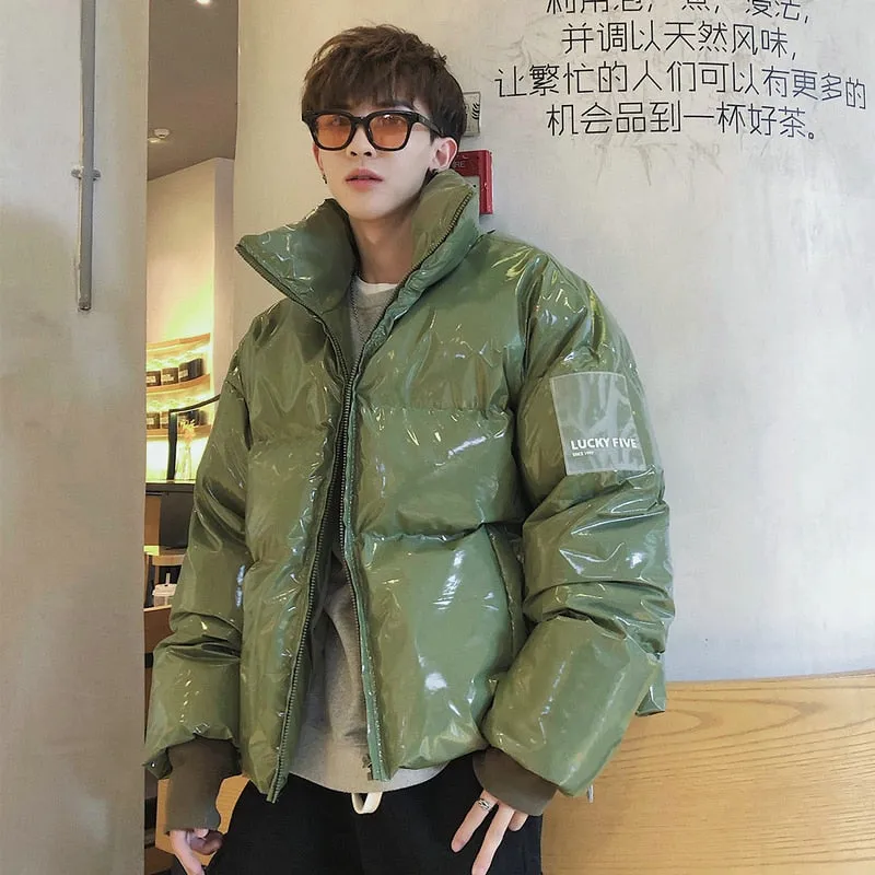 Jinquedai  NEW Winter collar loose bright leather fabric jacket wind thick warm coat men women couple purple cotton clothing