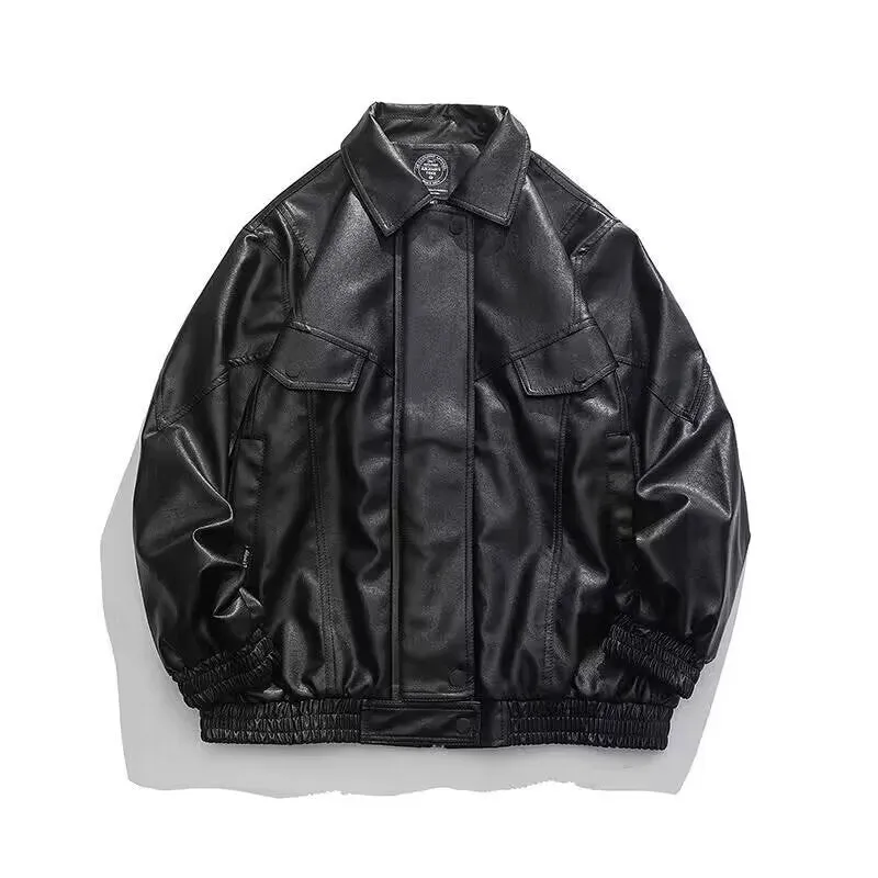 Jinquedai street fashion men streetwear 2024 Autumn New Men's Japanese Original Loose Lapel Black Leather Coat Jacket