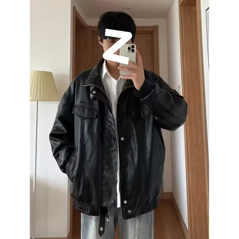 Jinquedai street fashion men streetwear 2024 Autumn New Men's Japanese Original Loose Lapel Black Leather Coat Jacket