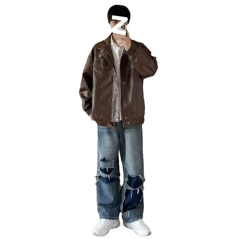 Jinquedai street fashion men streetwear 2024 Autumn New Men's Japanese Original Loose Lapel Black Leather Coat Jacket