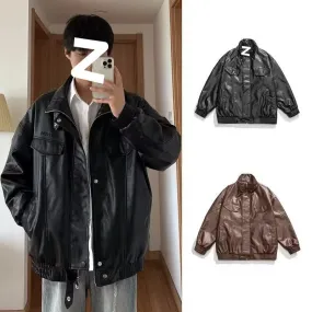 Jinquedai street fashion men streetwear 2024 Autumn New Men's Japanese Original Loose Lapel Black Leather Coat Jacket