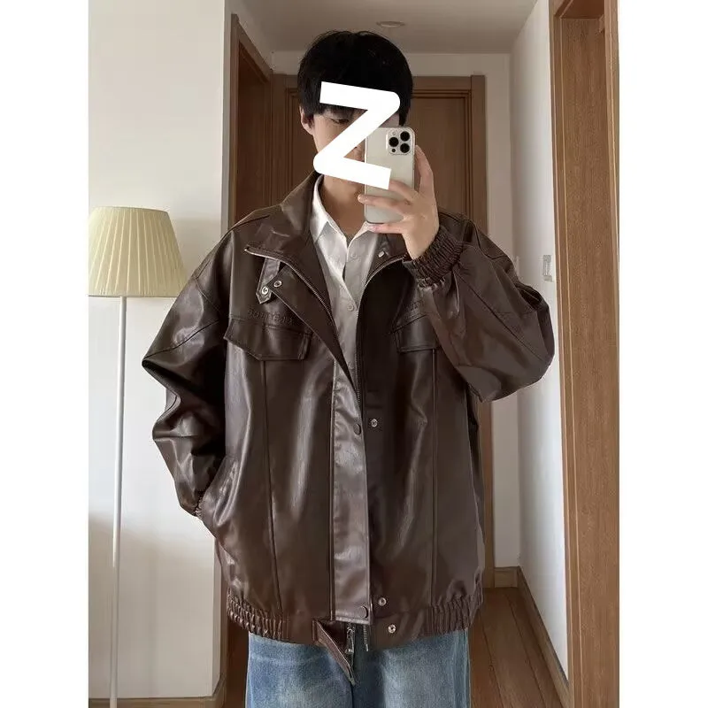 Jinquedai street fashion men streetwear 2024 Autumn New Men's Japanese Original Loose Lapel Black Leather Coat Jacket