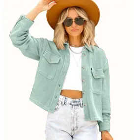 Joskaa 2024 Autumn Long Sleeve Corduroy Jackets Vintage Harajuku Cropped Coat Elegant Solid Shirt Korean Women Blouse Outwear