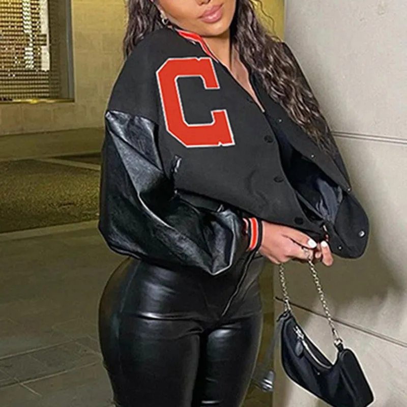 Joskaa 2024 Autumn Winter Black Harajuku Loose Varsity Jacket Baseball Women Casual Letter Print Fashion Cropped Streetwear Bomber Coat