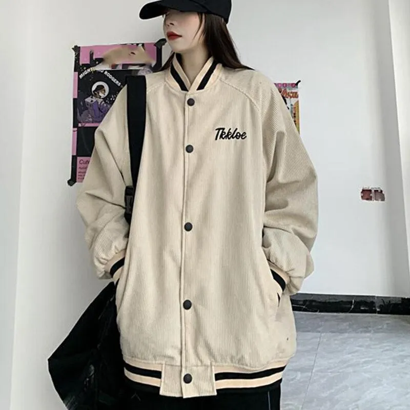 Joskaa Back To College Autumn Corduroy Baseball Racer Bomber Jacket Coat Women Baseball Uniform Jackets Harajuku Streetwear Couple Retro Clothes